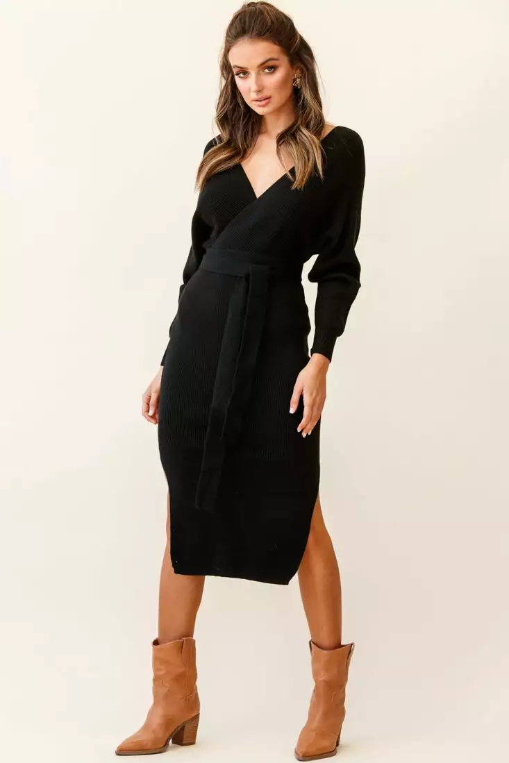 Selfie Leslie Cameo Batwing Knit Midi Dress Black - Image 2
