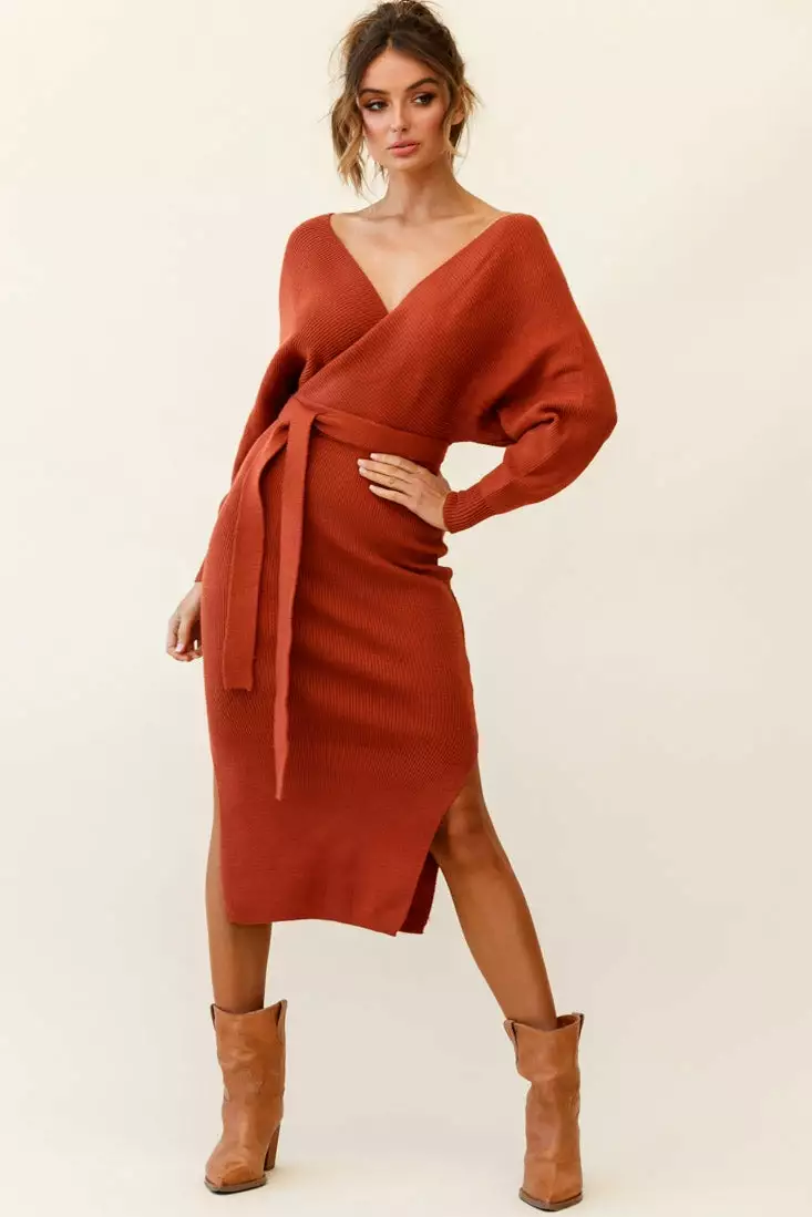 Selfie Leslie Cameo Batwing Knit Midi Dress Camel