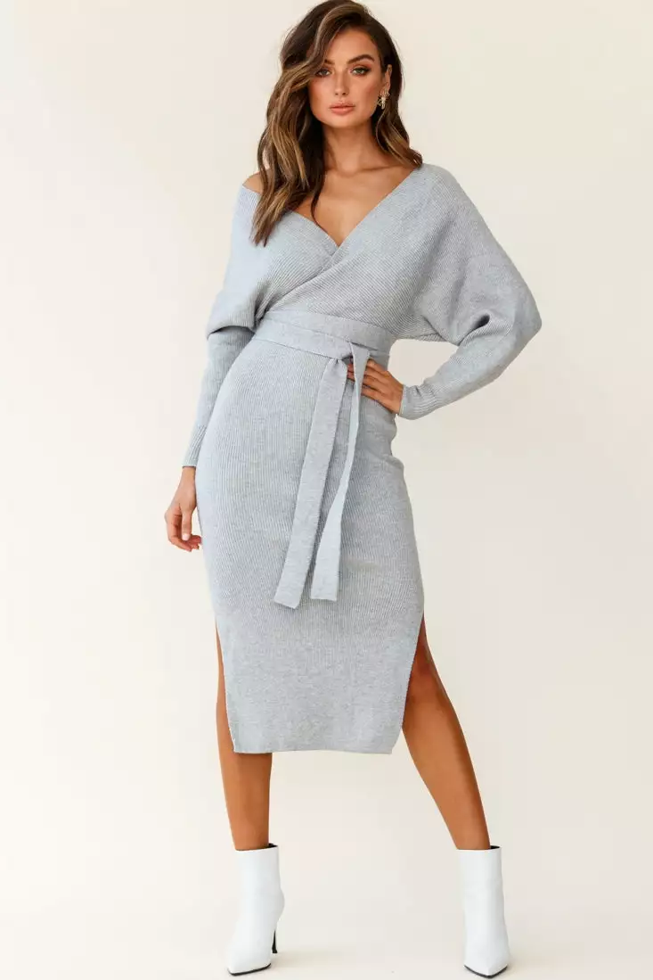 Selfie Leslie Cameo Batwing Knit Midi Dress Grey - Image 3