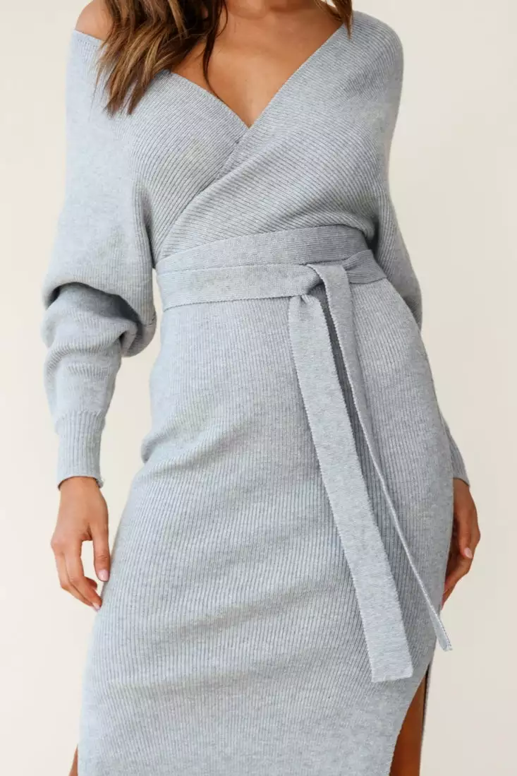 Selfie Leslie Cameo Batwing Knit Midi Dress Grey - Image 7