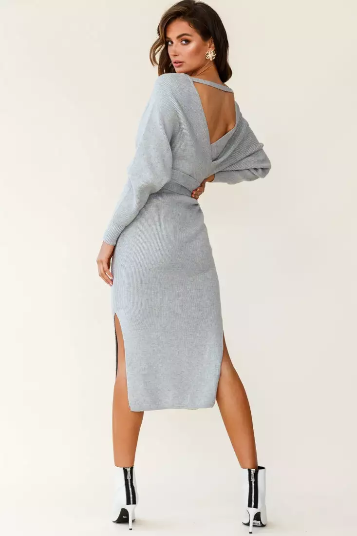 Selfie Leslie Cameo Batwing Knit Midi Dress Grey - Image 6