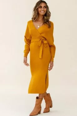 Selfie Leslie Cameo Batwing Knit Midi Dress Mustard