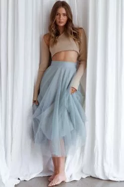 INDIKAH Jasmine Organza Mesh Elasticated Waist Midi Skirt Sage