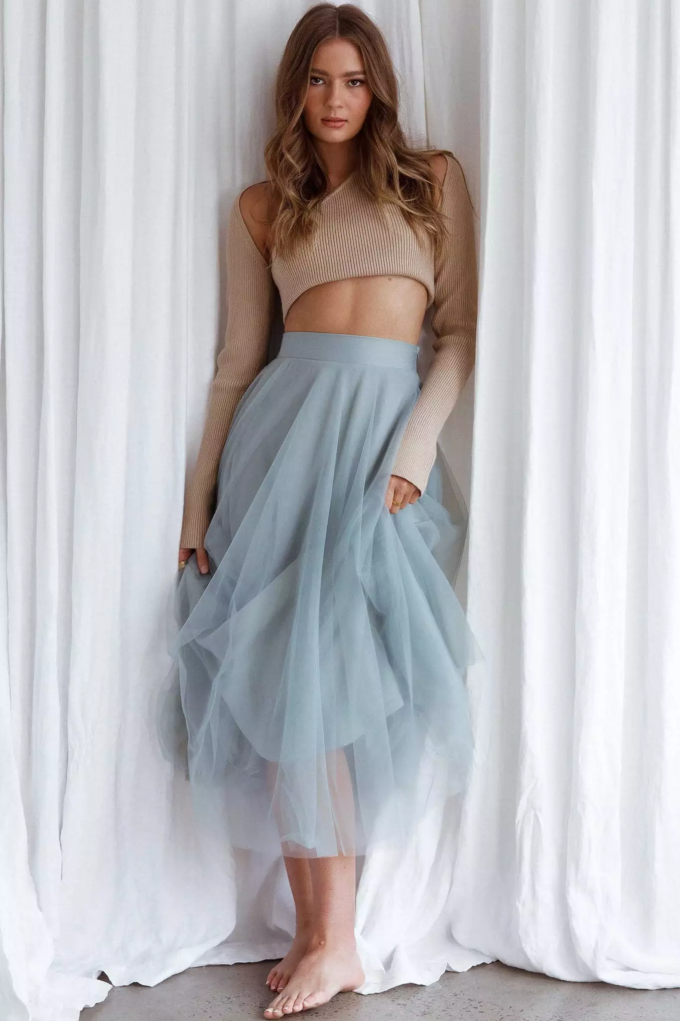 INDIKAH Jasmine Organza Mesh Elasticated Waist Midi Skirt Sage