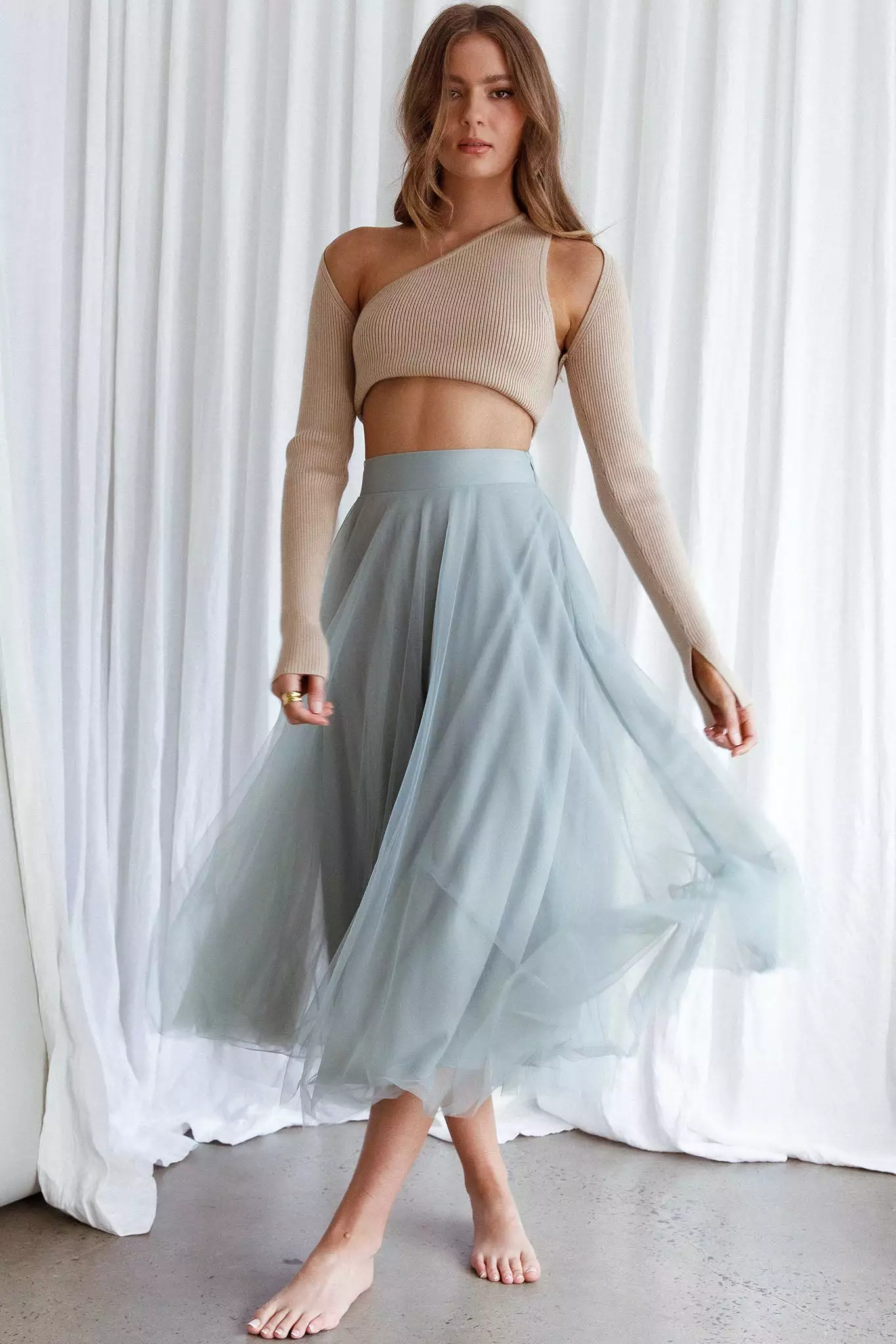 INDIKAH Jasmine Organza Mesh Elasticated Waist Midi Skirt Sage - Image 3