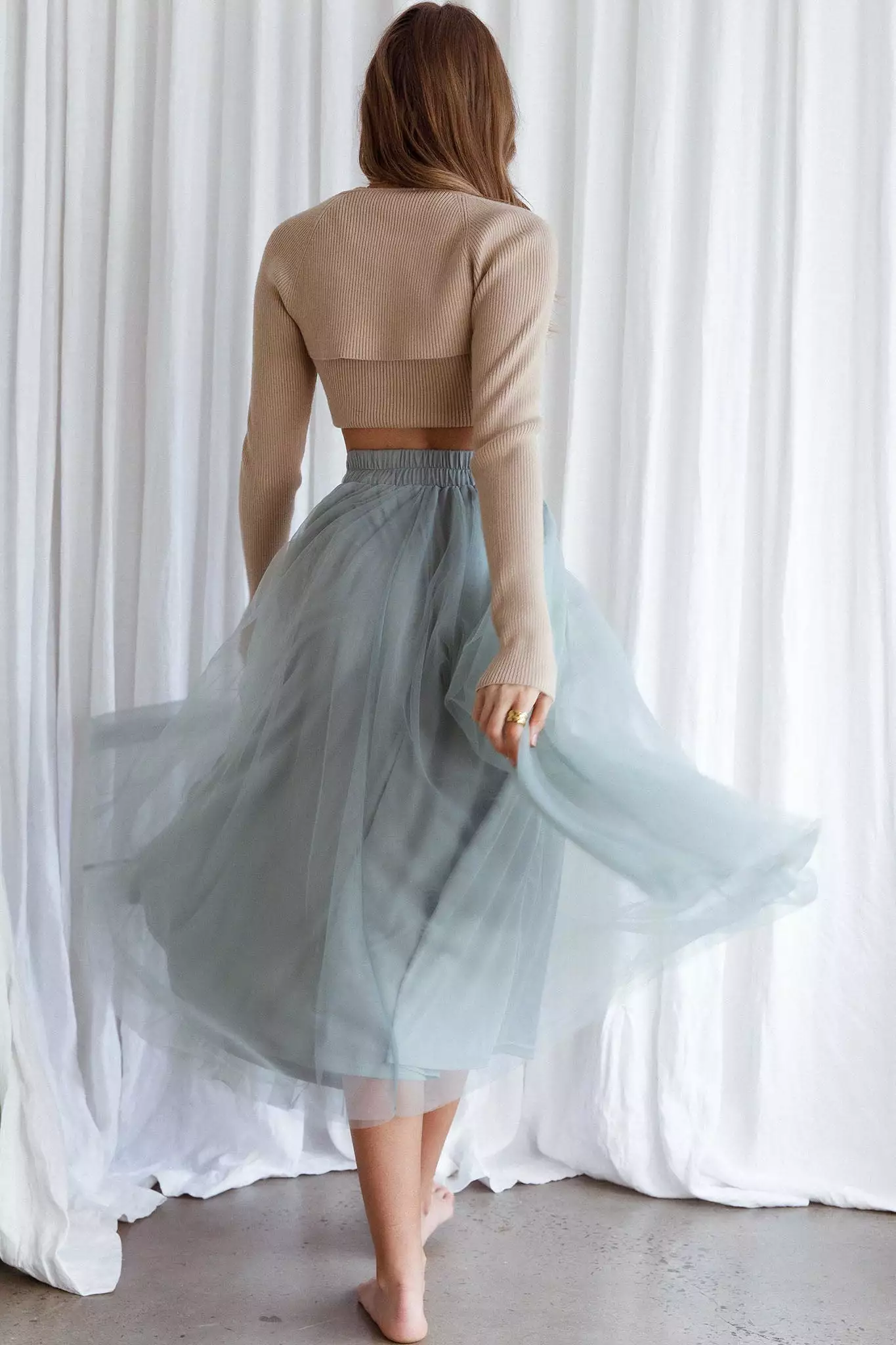 INDIKAH Jasmine Organza Mesh Elasticated Waist Midi Skirt Sage - Image 2