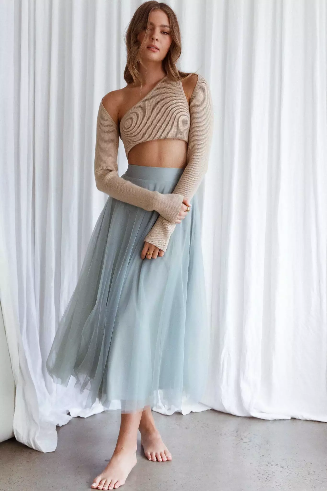 INDIKAH Jasmine Organza Mesh Elasticated Waist Midi Skirt Sage - Image 7