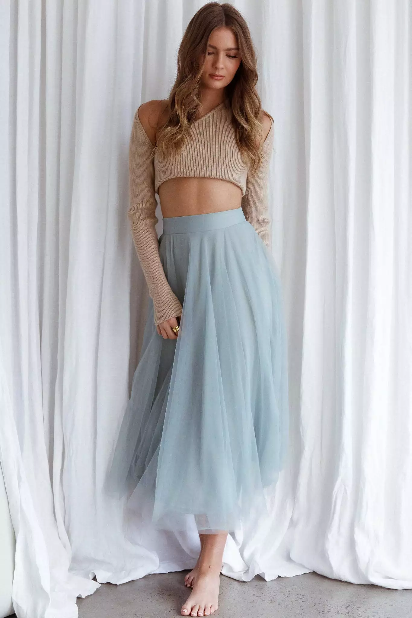 INDIKAH Jasmine Organza Mesh Elasticated Waist Midi Skirt Sage - Image 9