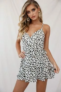 Selfie Leslie Beachwood Wrap Skirt Cami Strap Romper Leopard Print White