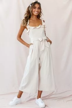Selfie Leslie Kaia Ruffle Strap Wide-Leg Capri Jumpsuit Beige