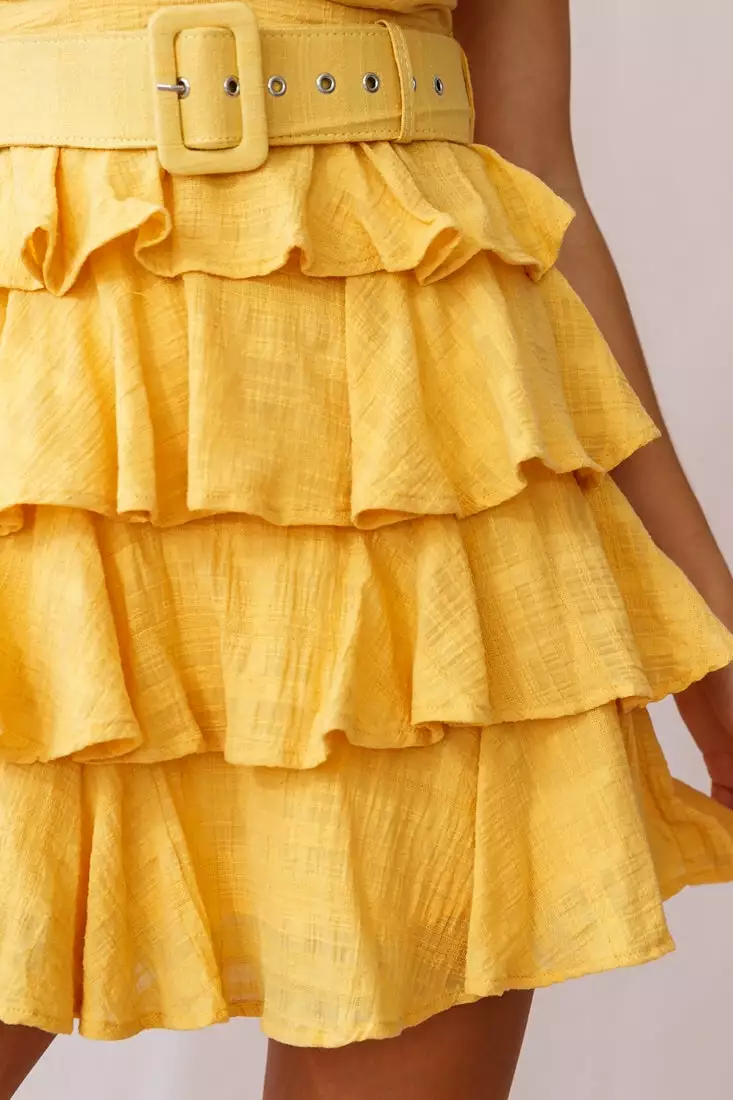 Selfie Leslie Queensland Tiered Frill Belt Dress Mustard - Image 4