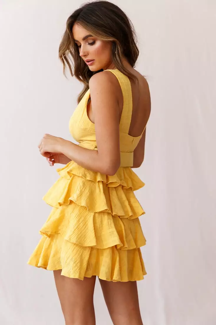 Selfie Leslie Queensland Tiered Frill Belt Dress Mustard - Image 3