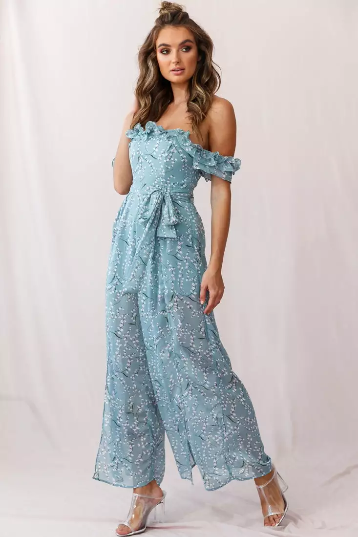 Selfie Leslie Jazz Bardot Neckline Wide Leg Split Jumpsuit Sage - Image 3