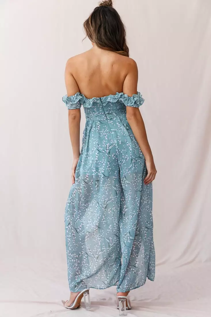 Selfie Leslie Jazz Bardot Neckline Wide Leg Split Jumpsuit Sage - Image 4