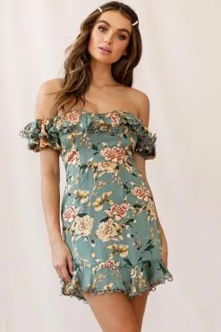 Selfie Leslie Bobby Bardot Neckline Puff Sleeve Dress Olive