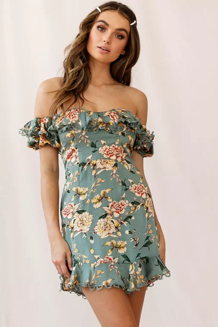 Selfie Leslie Bobby Bardot Neckline Puff Sleeve Dress Olive