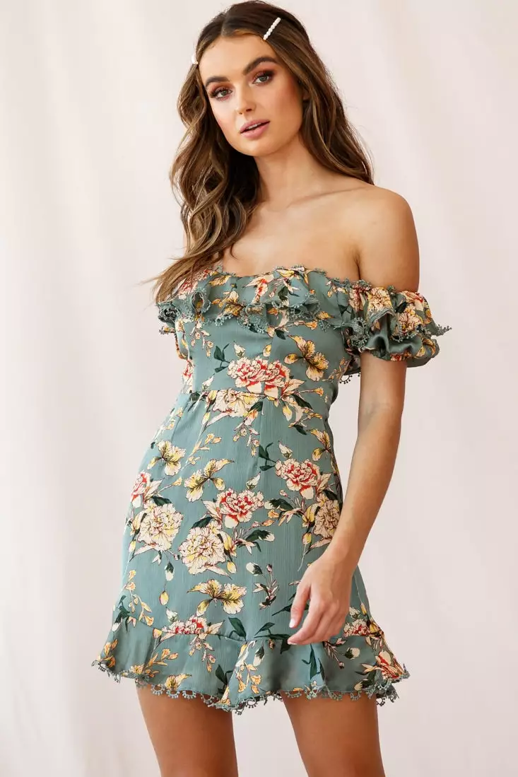 Selfie Leslie Bobby Bardot Neckline Puff Sleeve Dress Olive - Image 5