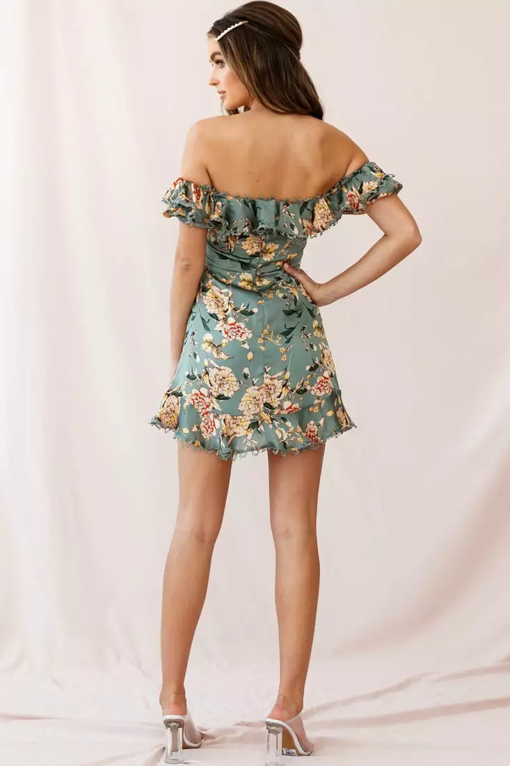 Selfie Leslie Bobby Bardot Neckline Puff Sleeve Dress Olive - Image 3