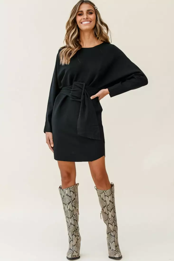 Selfie Leslie Lorelei Long Sleeve Wide Belt Knit Dress Black - Image 3