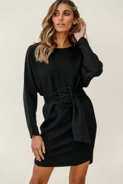 Selfie Leslie Lorelei Long Sleeve Wide Belt Knit Dress Black