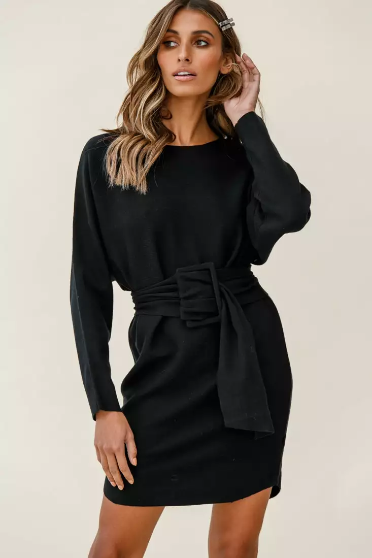 Selfie Leslie Lorelei Long Sleeve Wide Belt Knit Dress Black