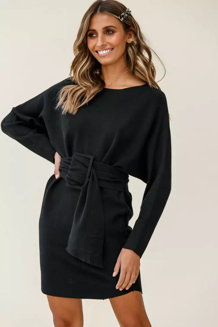 Selfie Leslie Lorelei Long Sleeve Wide Belt Knit Dress Black - Image 4