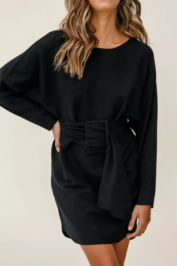 Selfie Leslie Lorelei Long Sleeve Wide Belt Knit Dress Black - Image 5