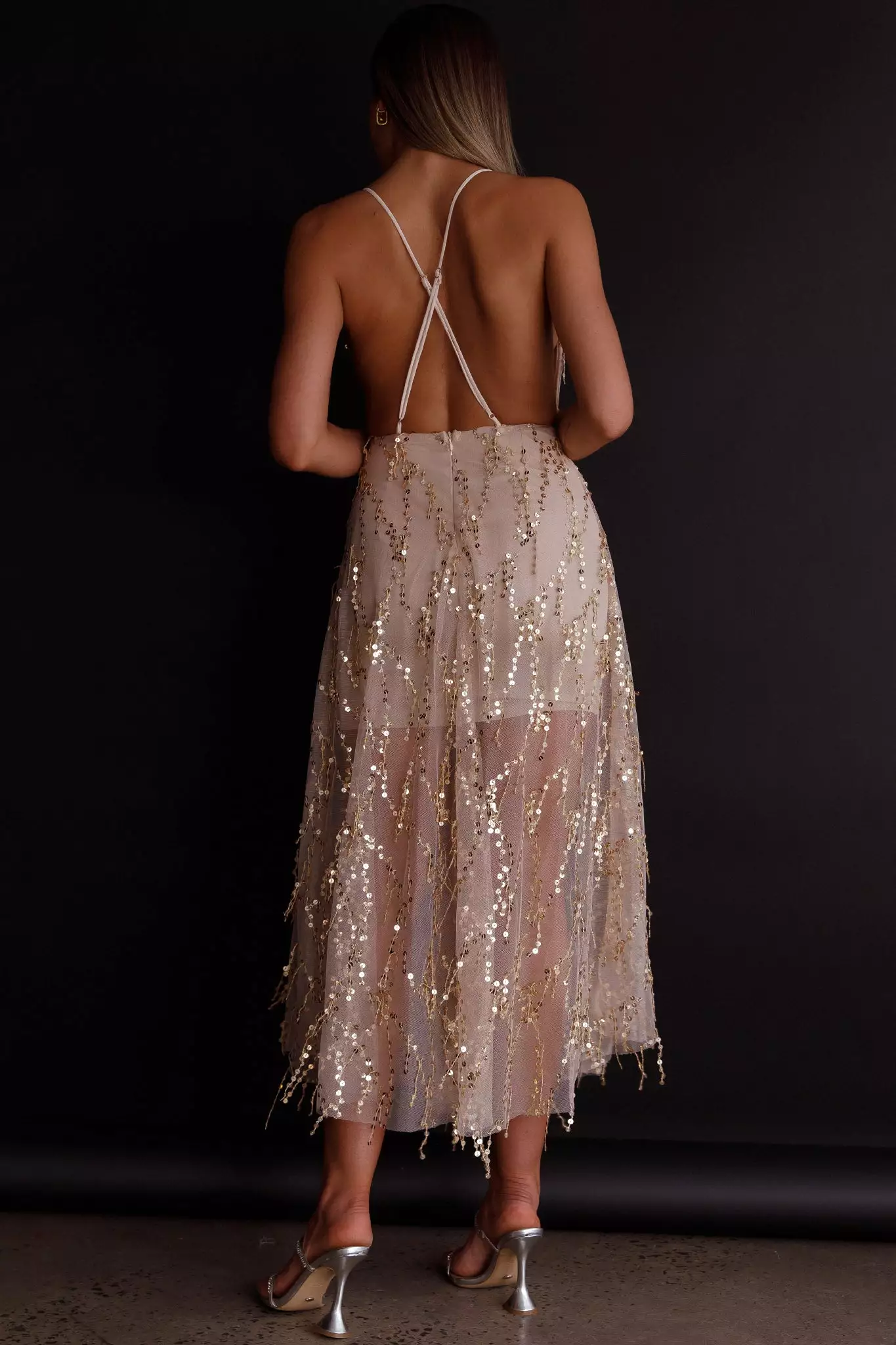 Selfie Leslie Ariana Sequin Midi Dress Beige - Image 2