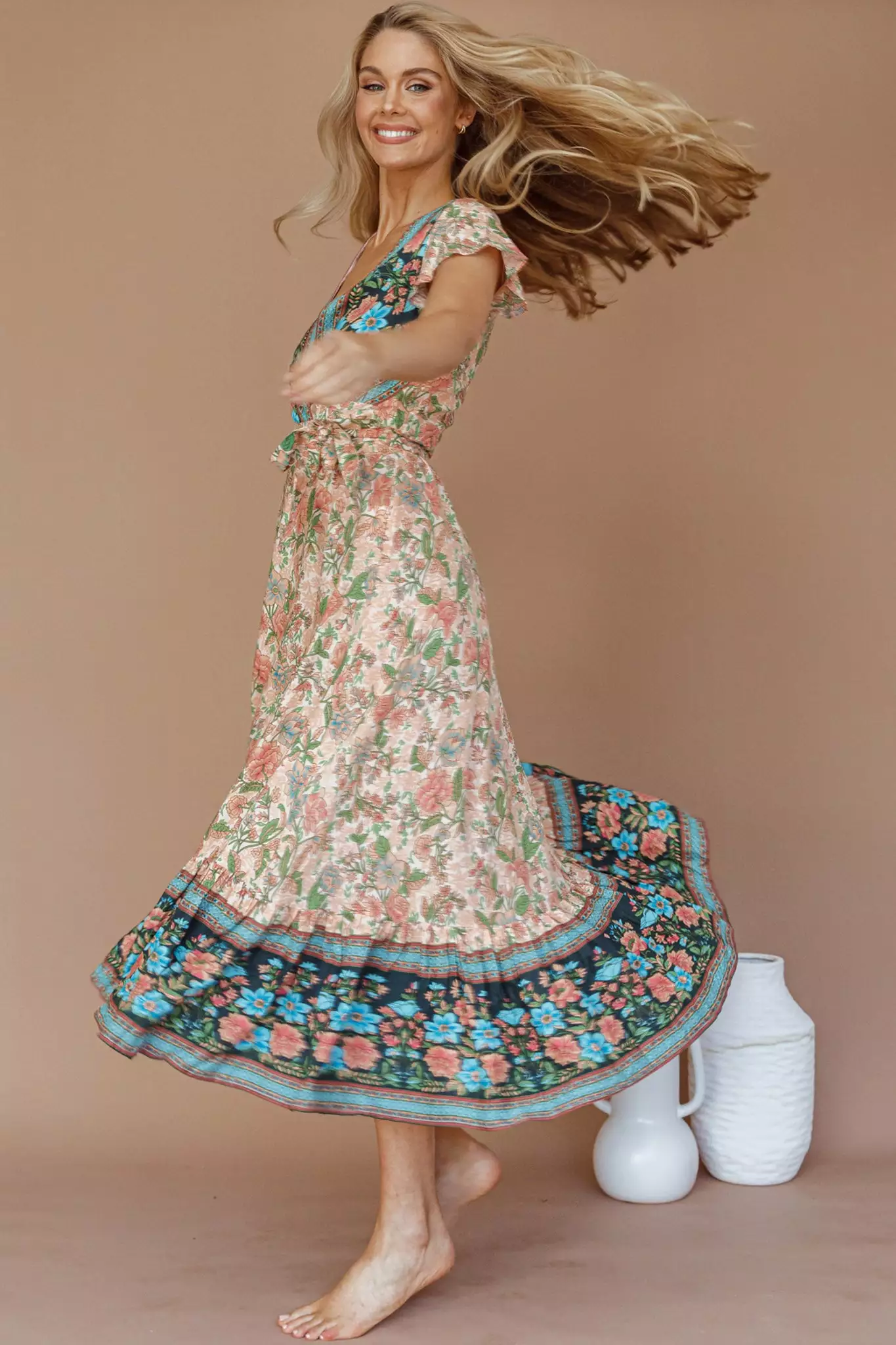 Saints + Secrets Mayan Angel Sleeve Wrap Midi Dress Floral Nude - Image 4