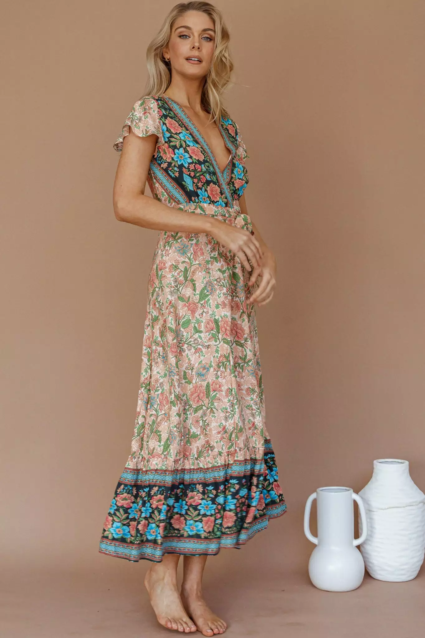 Saints + Secrets Mayan Angel Sleeve Wrap Midi Dress Floral Nude - Image 6