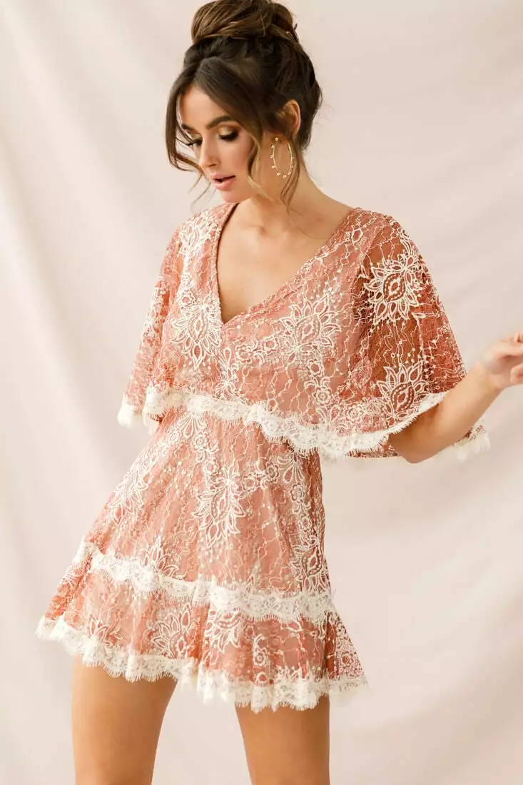 Selfie Leslie Caspar Batwing Lace Dress Rose/Beige - Image 6