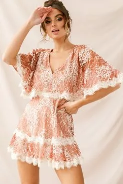 Selfie Leslie Caspar Batwing Lace Dress Rose/Beige