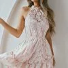 Selfie Leslie Ever After Halterneck Elasticated Waist Lace Mini Dress Apricot