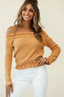 Selfie Leslie Mackenzie Off-Shoulder Long Sleeve Knit Top Mustard