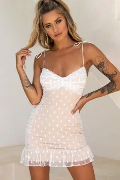 Selfie Leslie Bambi Ruched Mini Dress Polka Dot White
