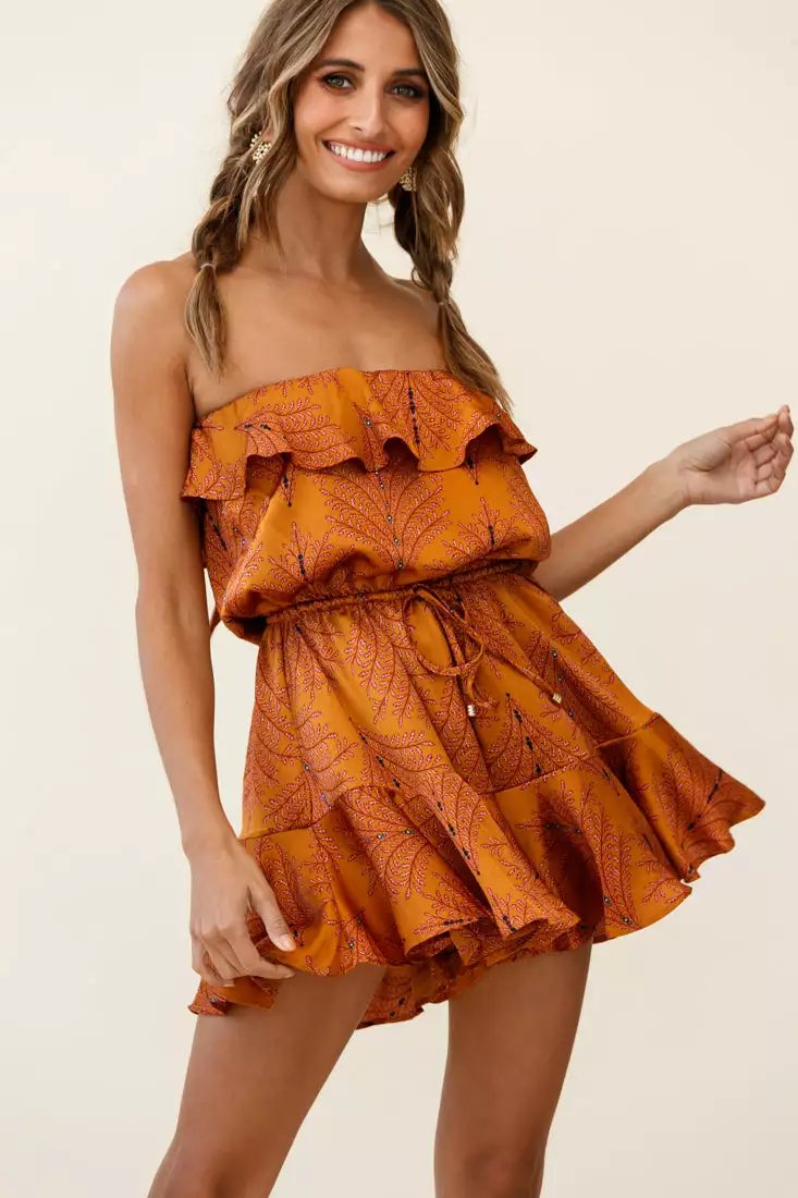 Selfie Leslie Pasadena Bandeau Tie-Back Romper Leaf Pattern Mustard - Image 3