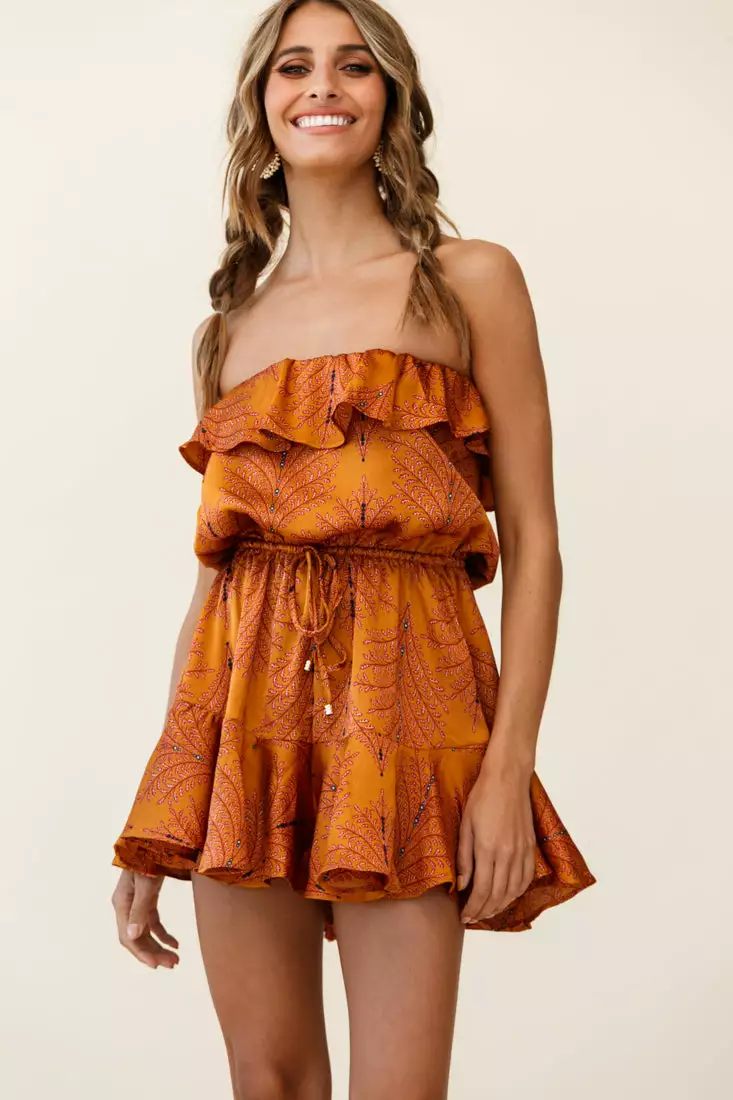 Selfie Leslie Pasadena Bandeau Tie-Back Romper Leaf Pattern Mustard - Image 4