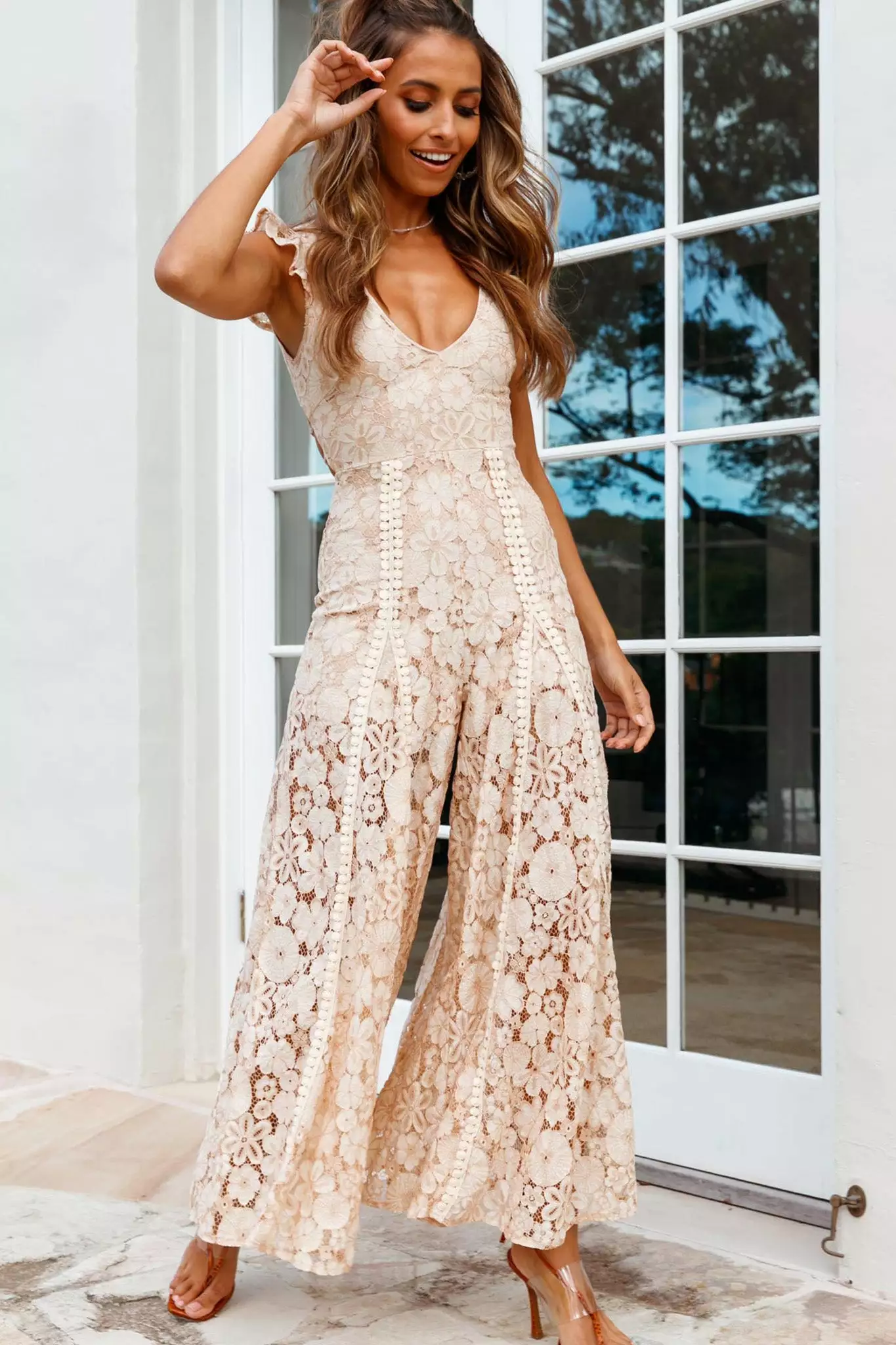 Selfie Leslie Take Note Laced-Back Frill Shoulder Lace Jumpsuit Nude
