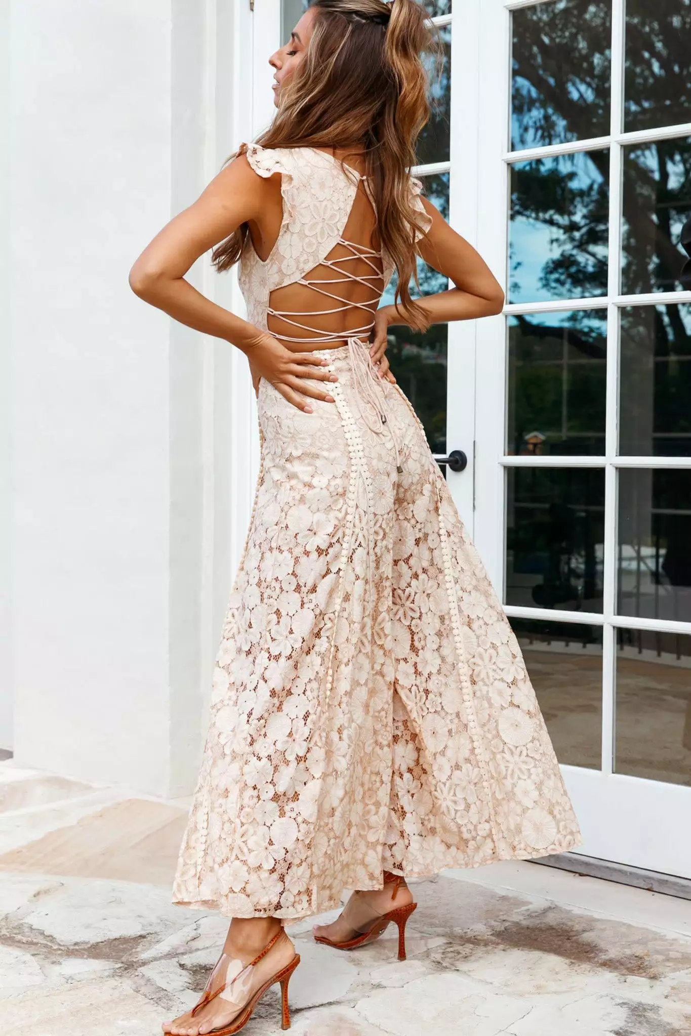 Selfie Leslie Take Note Laced-Back Frill Shoulder Lace Jumpsuit Nude - Image 2