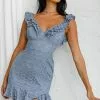 Selfie Leslie Pearl Ruffle Strap Lace Mini Dress Blue