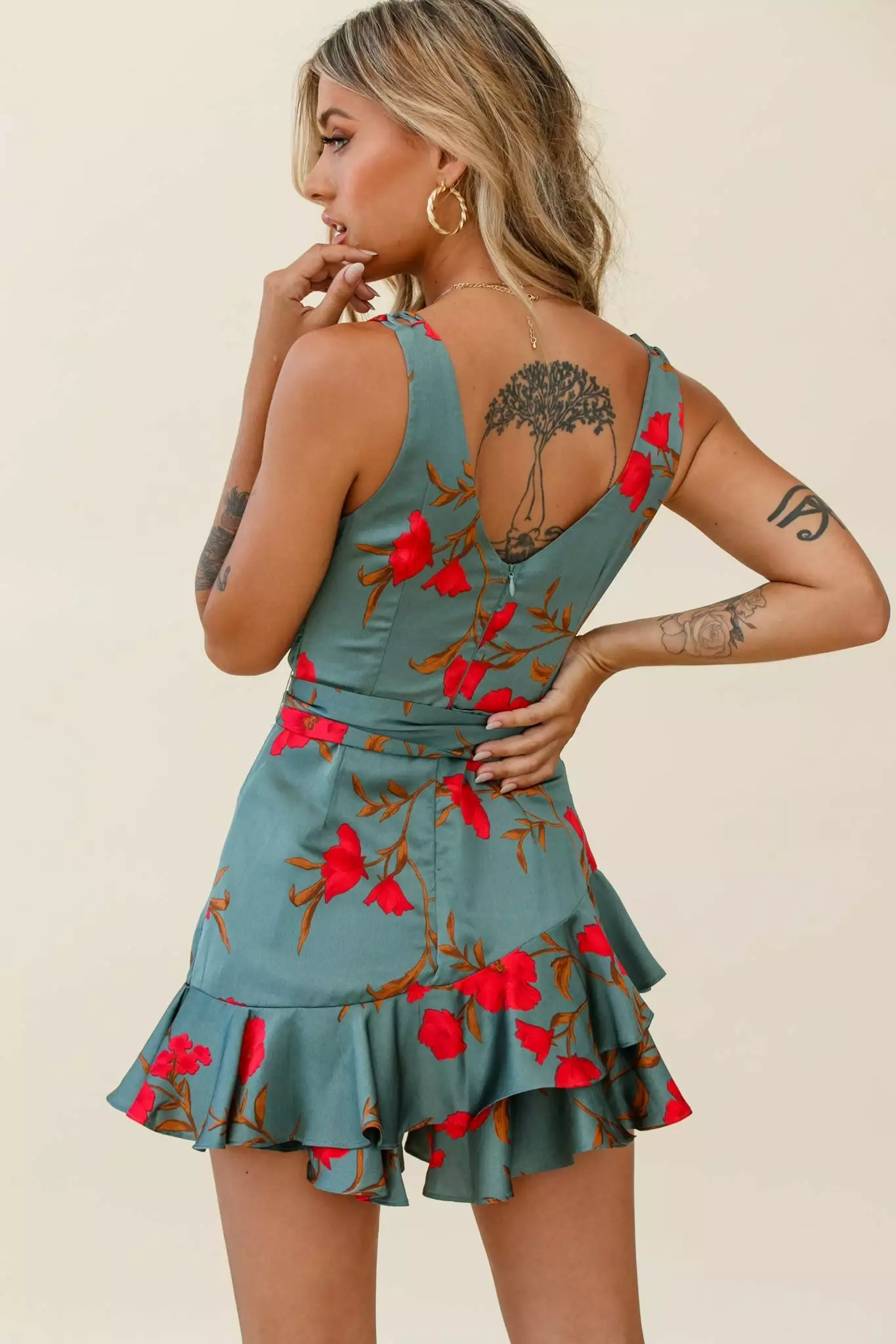 Selfie Leslie Wishful Thinking Plunging Neckline Ruffle Hem Romper Floral Print Sage - Image 3