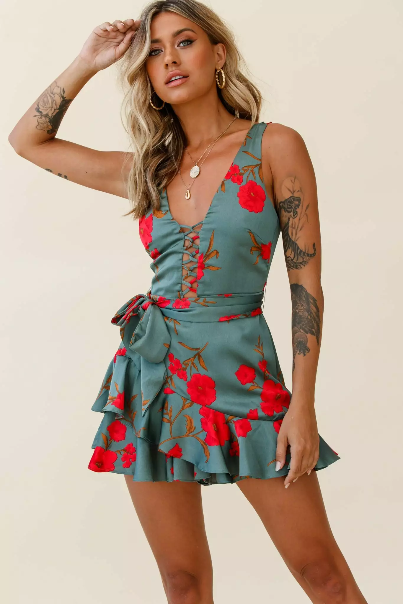 Selfie Leslie Wishful Thinking Plunging Neckline Ruffle Hem Romper Floral Print Sage - Image 6