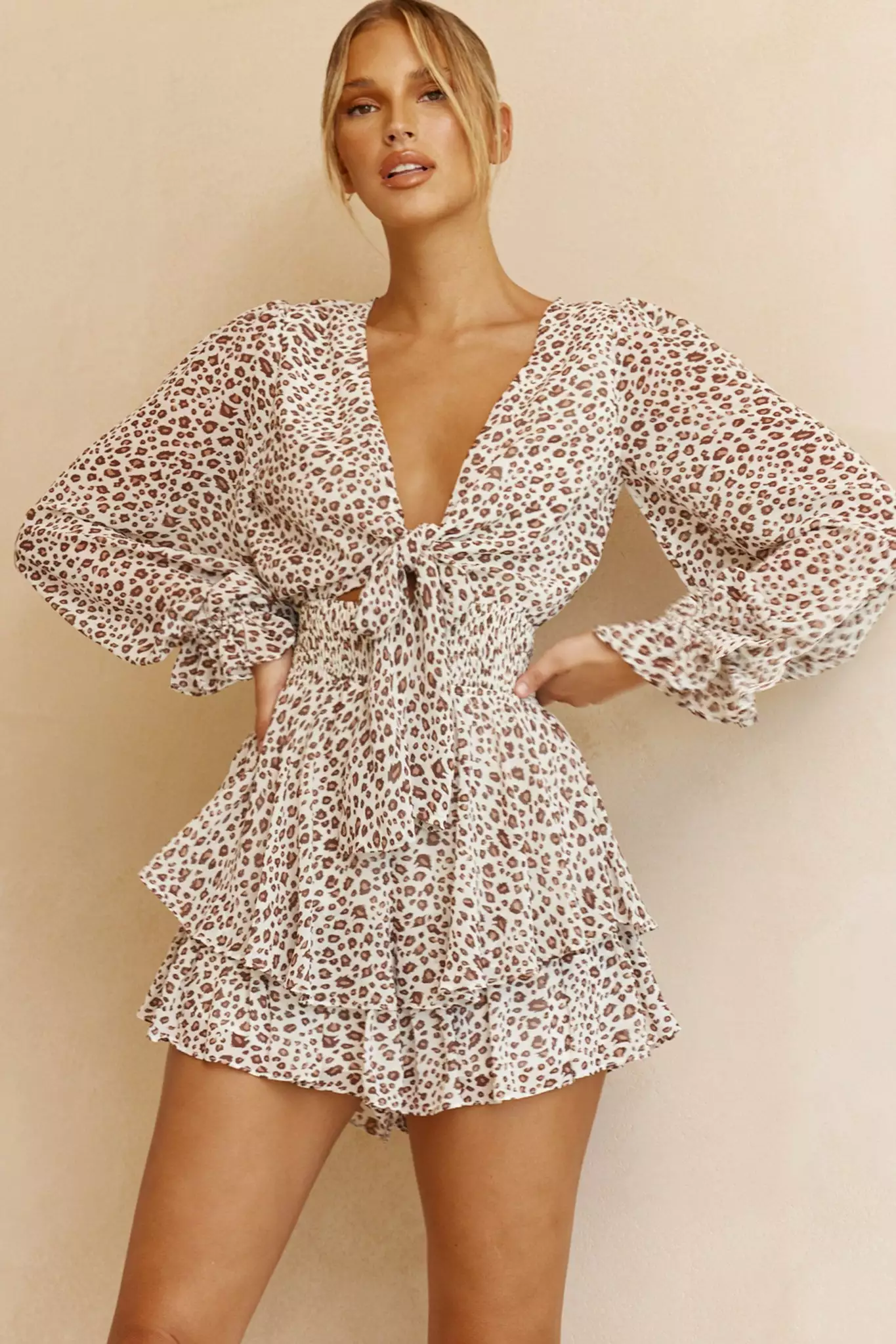 Selfie Leslie Anthea Bow-Tie Front Layered Frill Romper Leopard Print Beige