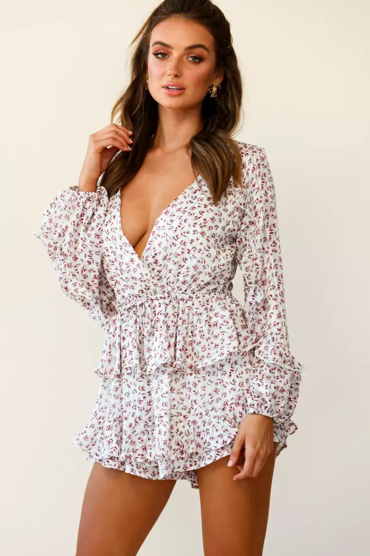 Nebula Long Sleeve Layered Ruffle Romper Flower Print White - Image 5