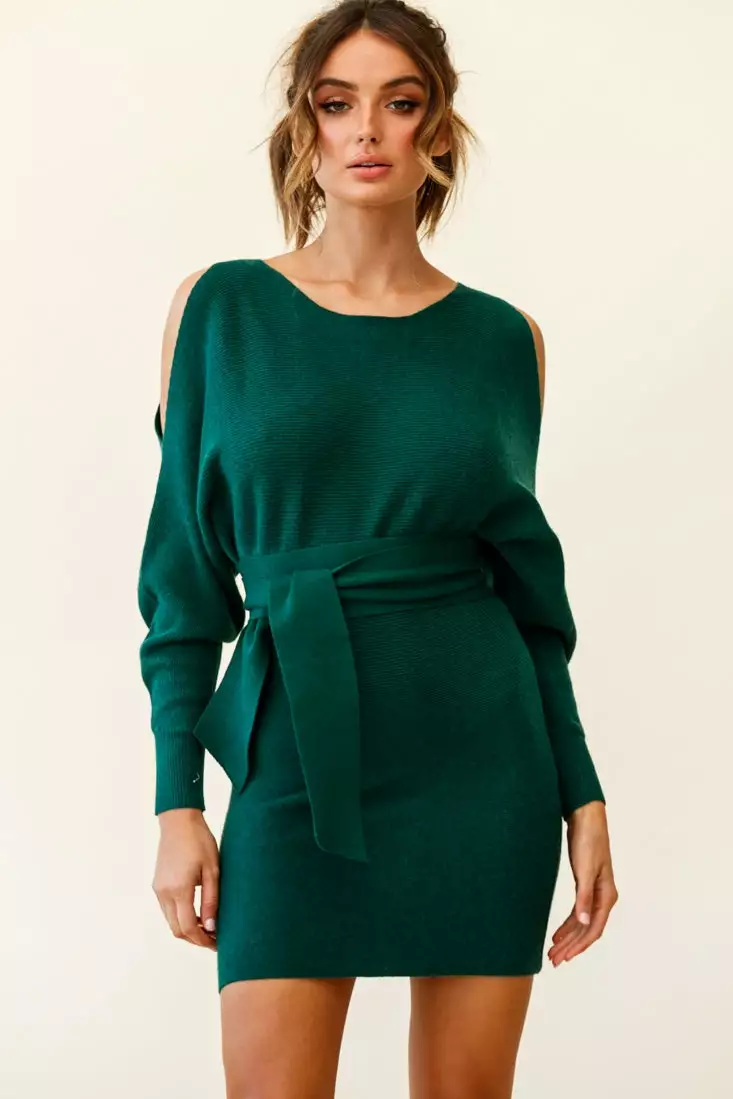 Selfie Leslie Sorry, Honey Cold Shoulder Knit Dress Forest Green - Image 4