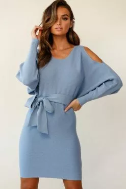 Selfie Leslie Sorry, Honey Cold Shoulder Knit Dress Midnight Blue