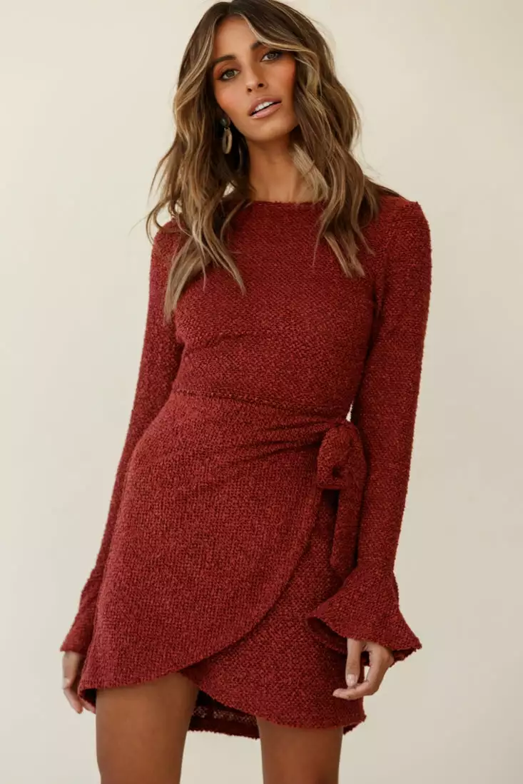 Selfie Leslie Minerva Flared Cuff Knit Wrap Dress Maroon - Image 4