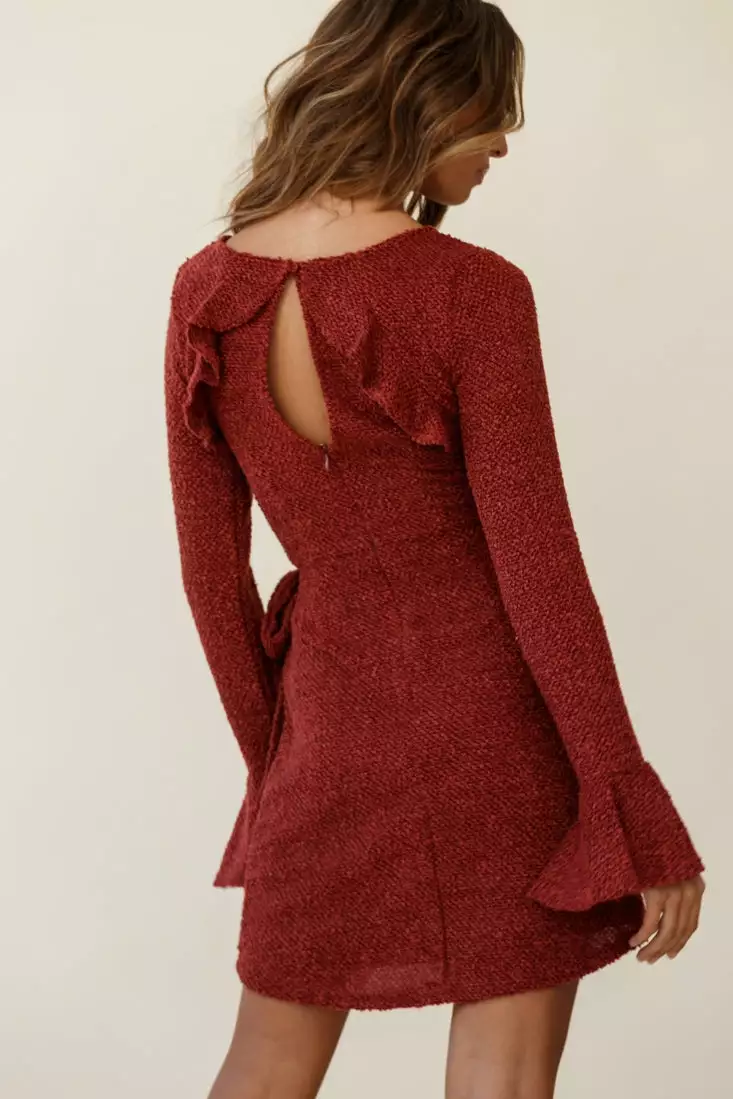 Selfie Leslie Minerva Flared Cuff Knit Wrap Dress Maroon - Image 5
