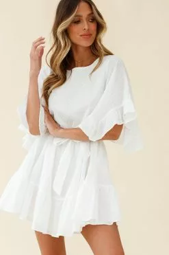 Selfie Leslie Joni Batwing Sleeve Waist Tie Dress White