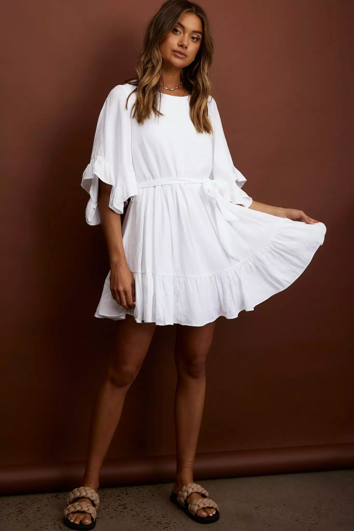 INDIKAH Joni Batwing Sleeve Waist Tie Dress Ruffle White - Image 3